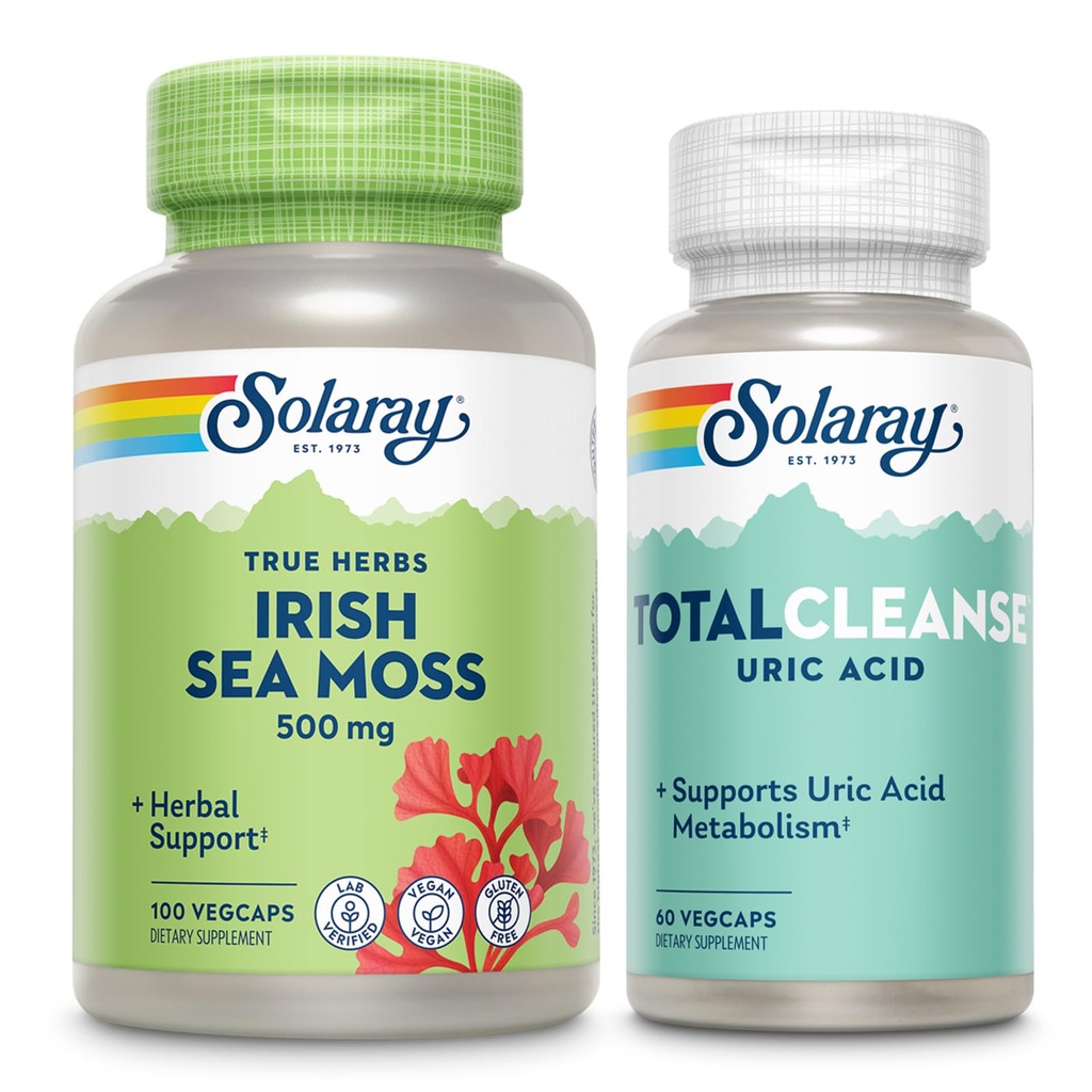 SOLARAY Irish Sea Moss dan Total Cleanse Uric Acid - Wellness and Joint Health Bundle w / Aturring Vitamin, Mineral, Live Bakteria, Plus Tant Cherry, Turmeric dan Celery Seed, 100 / 60ct