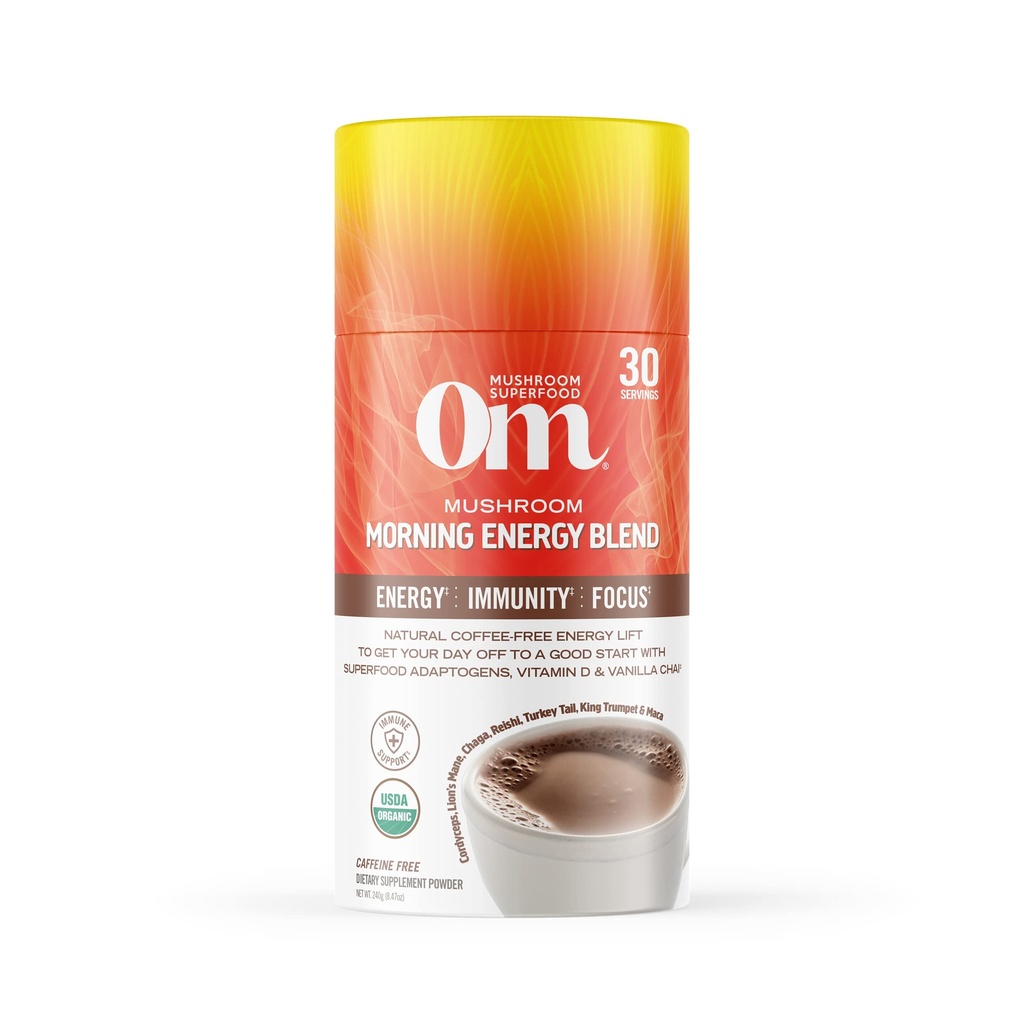 Om Mushroom Superfood Morning Energy Blend Mushroom Powder Drinder, 8.47 Ounce Canister, Coffee Free Energy Minum dengan Cordyceps, Vitamin D2, Agaricus Bisporus, Lion 's Mane, Rhodiola, dan Turkey Tail