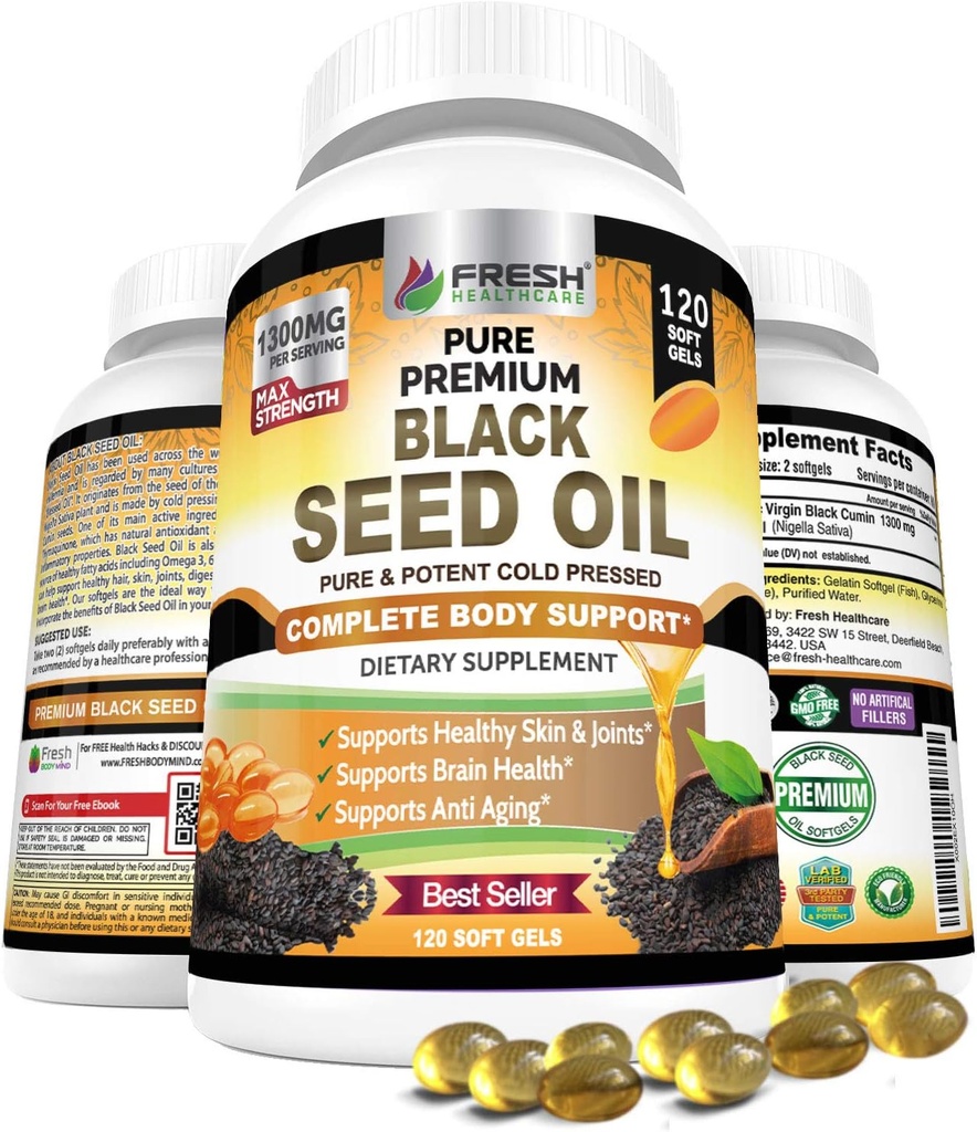 FRESH HEALTHCARE Black Seed Oil Capsules Cold Menekan 1300mg - 100% murni Nonorn- GMO Nigella Sativa - Imune & Gabungan Dukungan - Premium Suftgel Sufflemet Sufflement