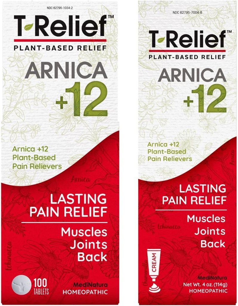 Mediterrania T-Relief Arnica + 12 Natural Pain Relievers 100 tablet Relief Relief Natural Arnica + 12 4oz Cream Bundle