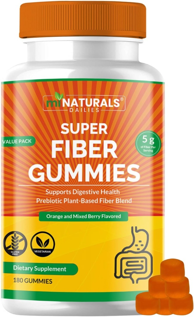 MinATTURALS Prebiotic Fiber Supplemen Gummies = Paket Nilai 124; - 180 ct 124; 5 g per Gummy 124; Tanaman Berdasarkan Digetical Gut Membersihkan 124; Orange & Campuran Berry