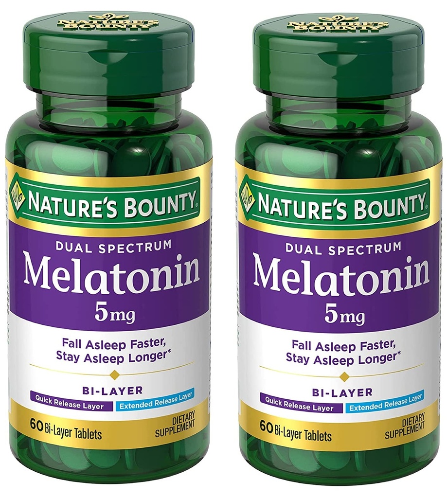 Nature 's Bounty Melonatin 5mg Dual Spectrum, 100% Drug Free Sleep Supplement, Quick Rilis dan Extended, Promotes Relaxation dan Sleep Health, 60 Bi- Layer Tablet (Paket 2)