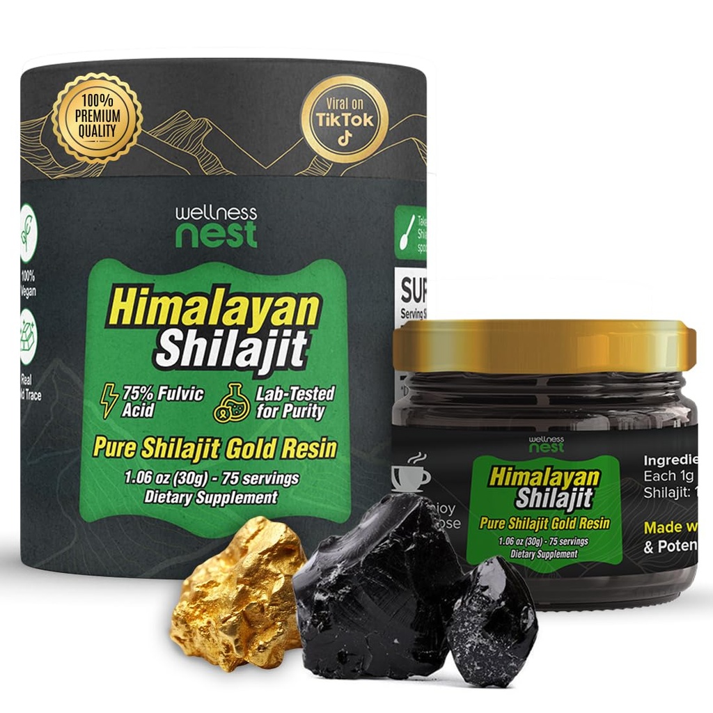 Wellness Nest Gold Grade Pure Himalaya Shilajit Resin: Potensi Ultimate untuk Pria & Perempuan - 24k Gold, 75% + Fulvic Acid, Laporan Uji Lab Sertakan - 30g (1 Pack), 75 Servis
