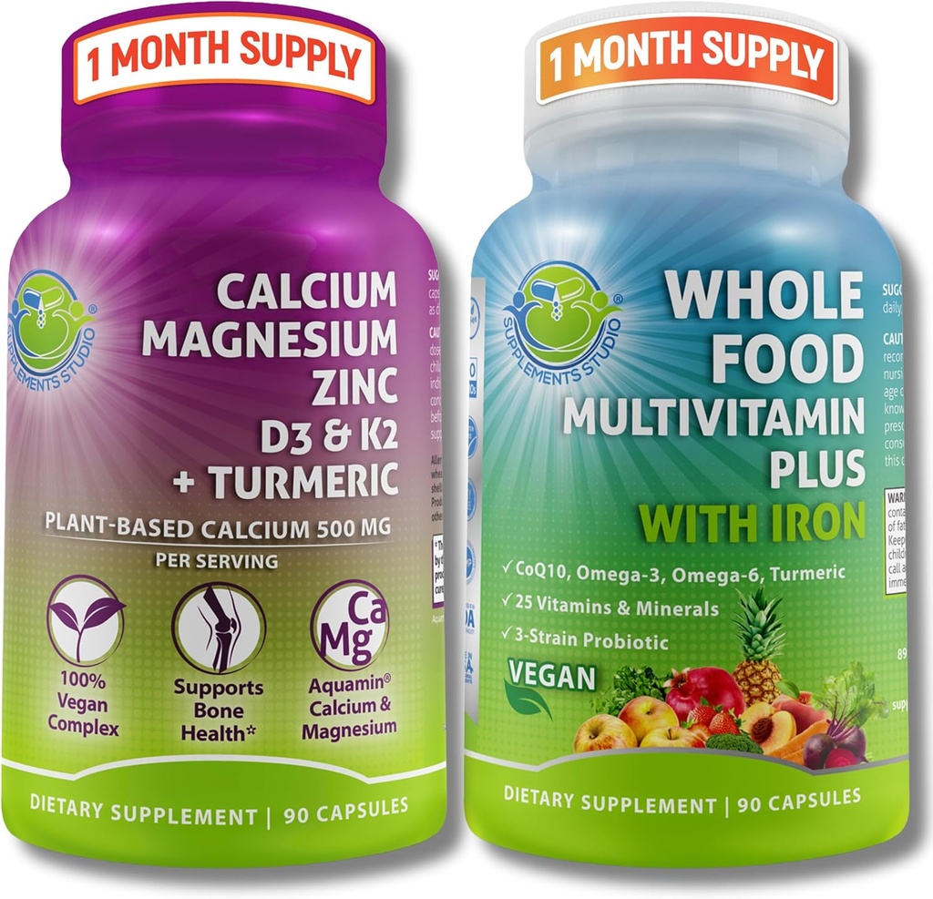 Vegan Whole Food Multivitamin dengan Iron + Plant, berbasis Kalsium, Magnesium, Zinc, D3, K2 & Turmeric - Vegan Daily Dukung untuk Energi, Kesehatan Tulang, Kewiraban & Melalui Semua Wellness Trio