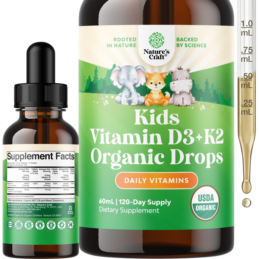 Natuture Craft Kid Vitamin D3 K2 Drops - Organic Vitamin D for Kids for Strong Bones & Joints - Bayi, Bayi & Toddler Imune Dukung Drops Liquid Suplemen - 60 ml Bottle