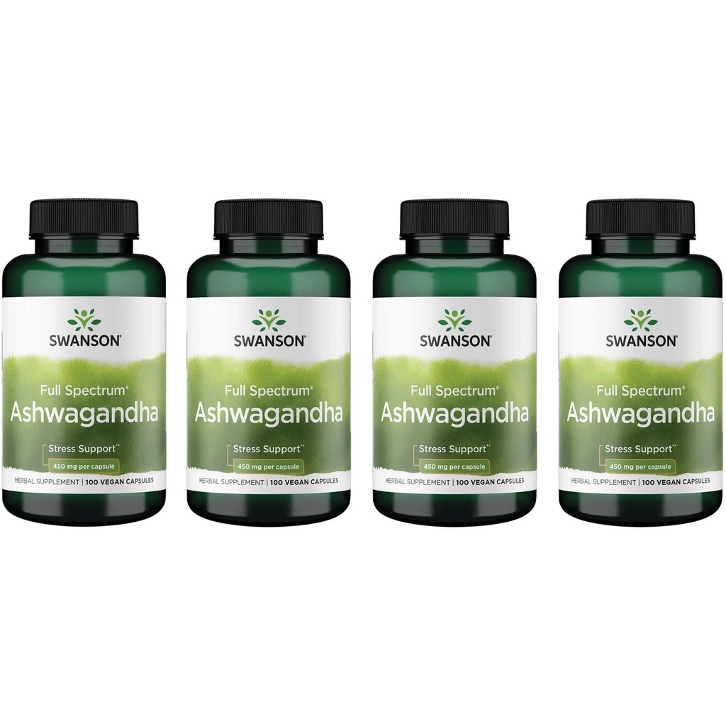 Swanson Ashwagandha Powder Suplemen - dengan Akar Ashwagandha ke Proless Stress Relief & Energy - Ayurvedic Sumur Alam (100 Kasules, 450mg Masing-masing) 4 Pack