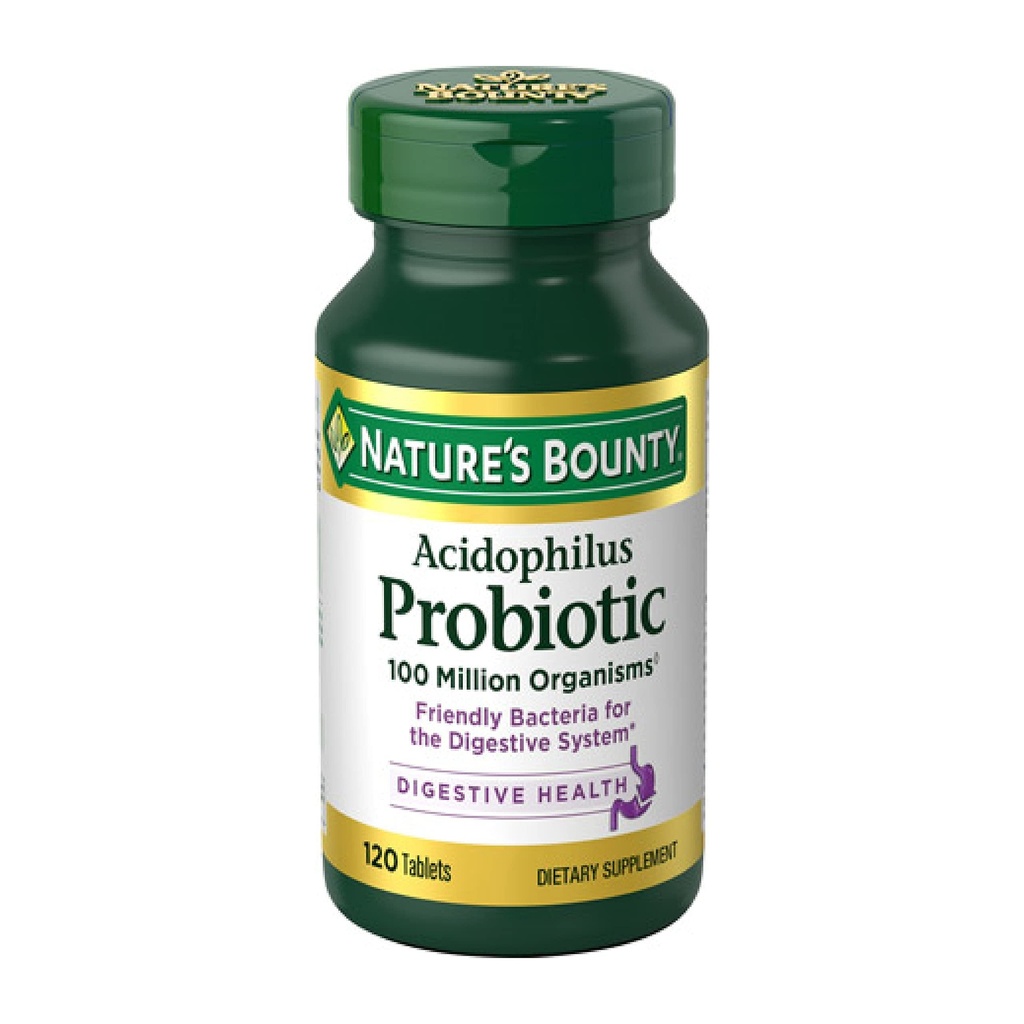 Suplemen Probiotik Nature 's Bounty Laciillus Acipolylus - Probiotic Daily Probiotic for Women / Men Digetical Health, 100 Juta Organisme, Vegetarian, 1 Serving per Hari, 120 Tablet
