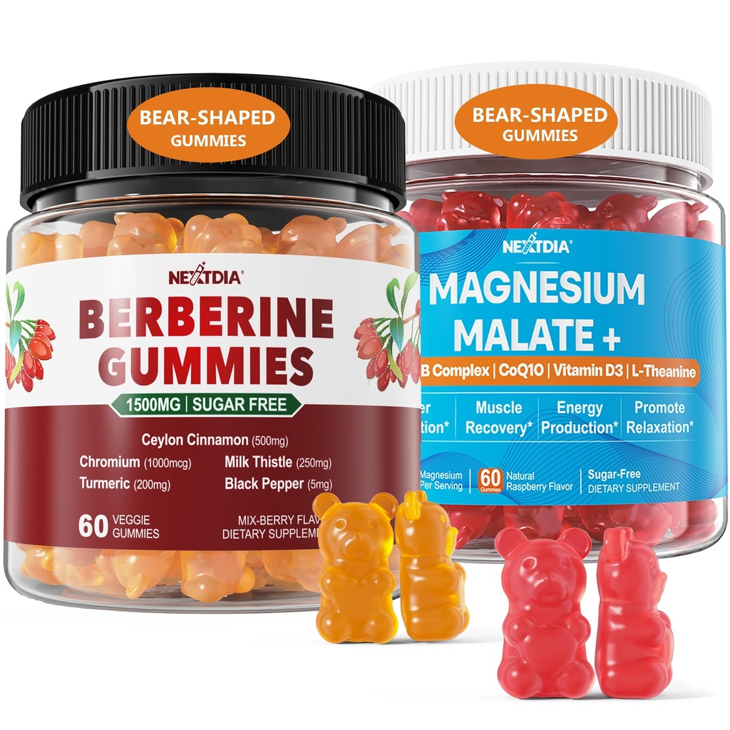 2 Pack Berberine Tambahan Gummies 1500mg + 2Pack Magnesium Malate dengan CoQ10- 100mg Gummies