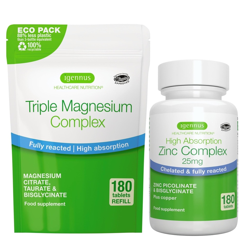 Triple Magnesium Complex 180 Tablet + Zinc Complex Vegan Bundle, Absorpsi Tinggi Melengkapi Magnesium + 25mg Cheleated Zinc Picolinate & Bisglycinate dengan Copper, oleh Igennus