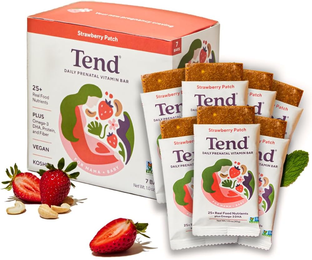 Tend Daily Best Prenatal Vitamin Bar, dibuat dengan Ingrediment Organik untuk Ibu hamil & Postpartum, termasuk DHA, Vitamin D, B, Choline, Flower Leciph - Strawberry Patch (7ct)