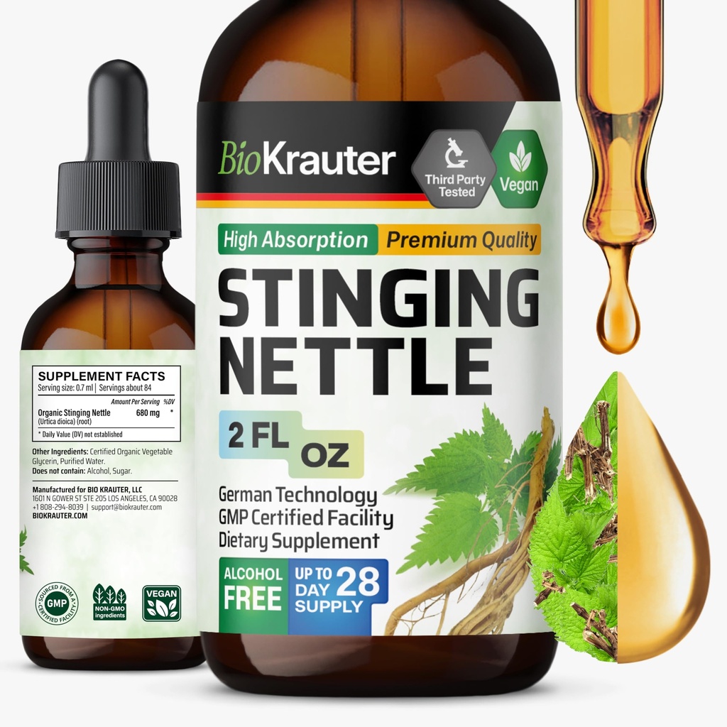 BIO KRAUTER Stinging Nettle Tincture - Nettle Root Extract Liquid - Urinary Support - Urtica Dioica Natural Extract - Vegan, Sugar & Alkohol Free Drops 2 Fl.Oz.