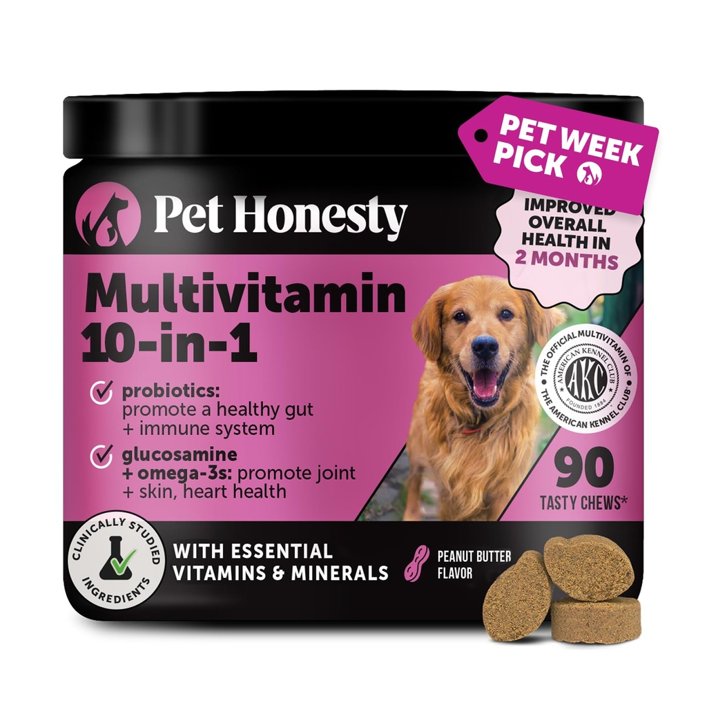 10-in-1 Dog Multivitamin Supplement with Glucosamine & Probiotics - Hip & Joint Support, Digestive Health, Immune Support, Heart & Skin - All-in-One Daily Vitamins & Omega-3s (Peanut Butter, 90 ct)