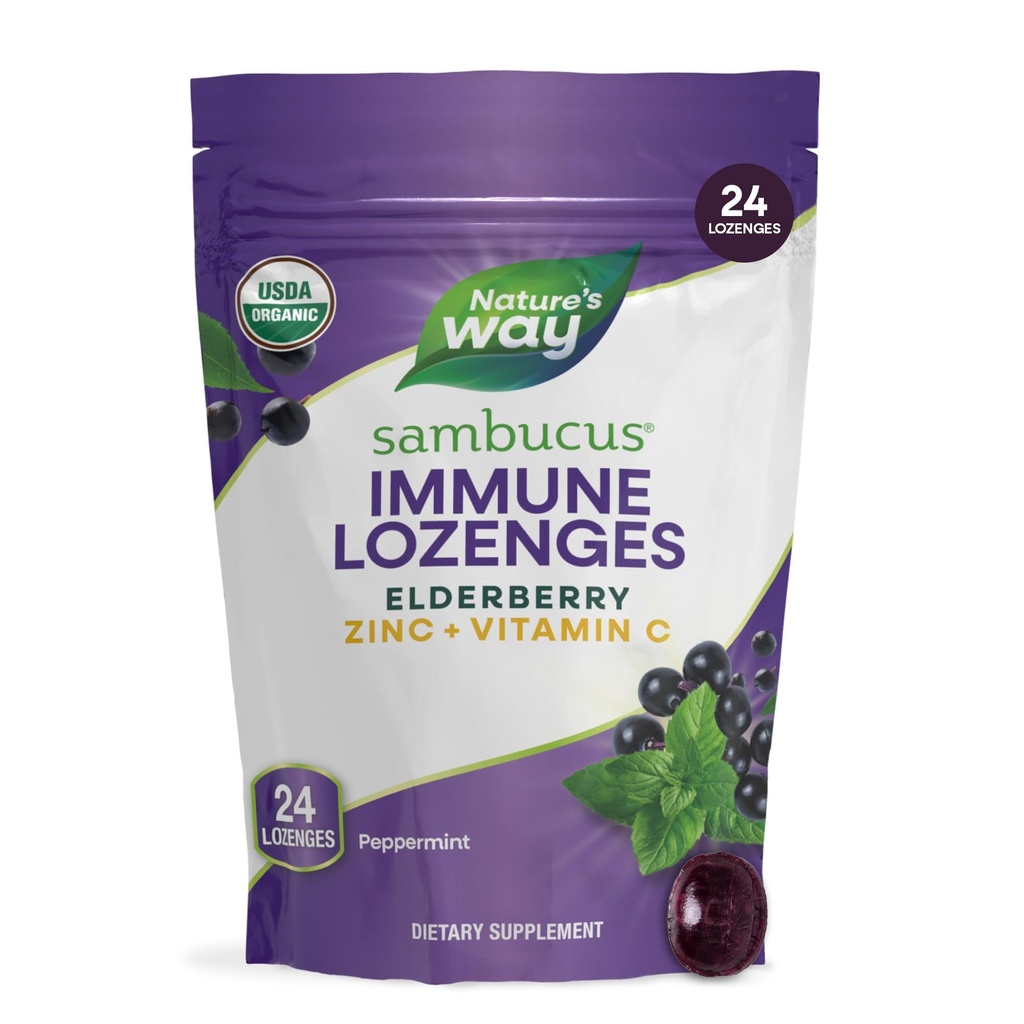 Nature 's Way Sambucus Zinc Lozenges dengan Elderberry dan Vitamin C, Peppermint Flavored, 24 Lozenges