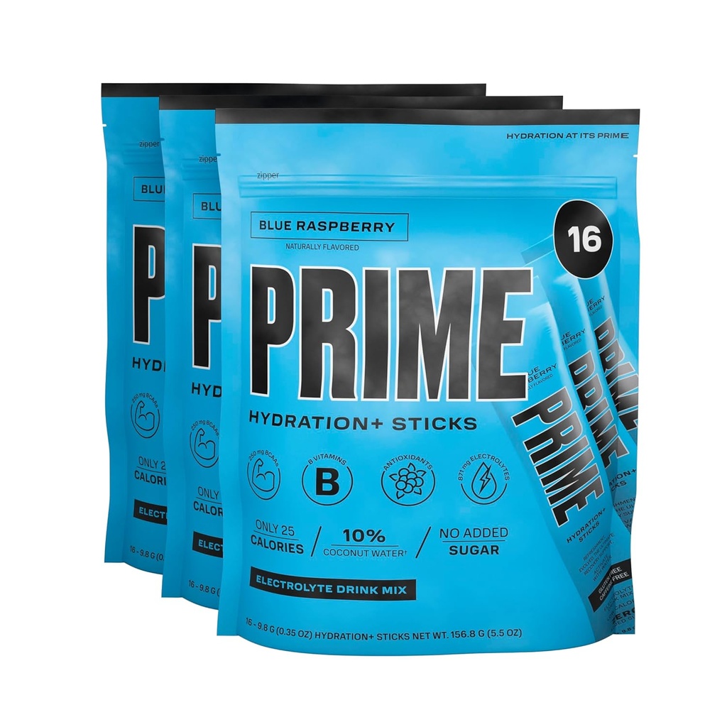 Hidrasi PRIME + Sticks Blue Raspberry 124; Hidration Powder Single Save Sticks 124; Electrolite Powder On The Go Go 124; 250mg BCAAs, B Vitamin, Antioksidants 124; Low Sugar 124; Caffeinee- Free Aver4; Vegan 1244; 48 Sticks