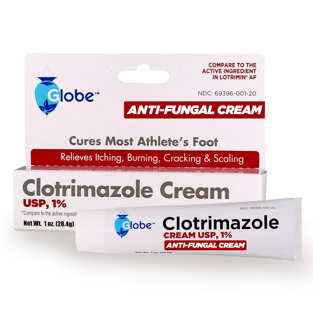 Globe Clotrimazole Antifungal Cream 1% USP (1 oz), Obat Anti Fungal, Relieves Itching, Burning, Cracking dan Scaling Associated Athletes Foot, Jock Itch, Ringworm dan More