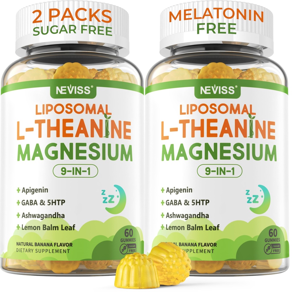 Lipomal L-Theanine 200mg Magnesium Glycinate 400mg Gummies dengan GABA, 5HTP, Apigenin, Vitamin B6 & D3, Ashwagandha, Lemon Balm Leaf, Melonatown in Free Sleep Cheable for Relax Mood & Muscle, 2 Packs