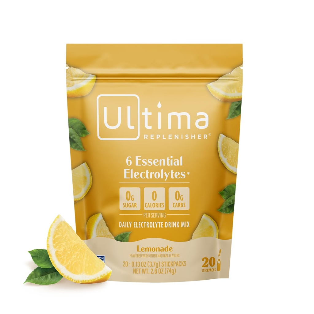 Ultima Replenisher Daily Electrolite Powder Mix - Sugar Free - Limun, 20 Stickbags - Paket Hidration dengan 6 Key Electrolittes dan Trace Mineral - Keto Friendly, Vegan, Non-GMO