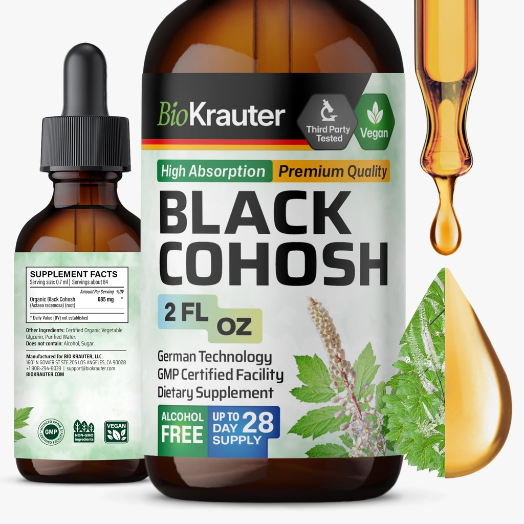 BIO KRAUTER Black Cohosh Root Tincture - Vegan Black Cohosh Suplemen Dukungan - Alkohol dan Gula Free - 2 Fl.Oz.