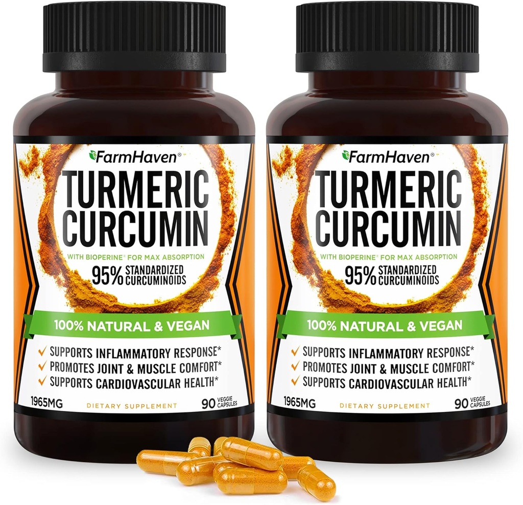 Turmeric Curcumin dengan BioPerine Black Pepper & 95% Curcuminoid, Maksimum Absorpsi untuk Dukungan Bersama, Katup Turmeric Non- GMO, dibuat di AS - 180 Veg Caps