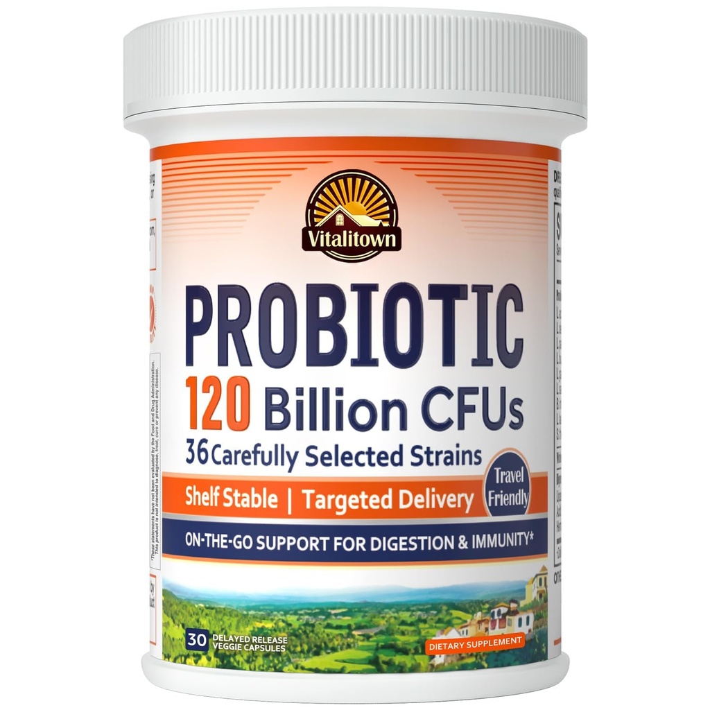 Vitalitown Progories 120 Miliar CFUs, 36 Strain, Prestium, Enzimes Digetical untuk Pria, Pelepasan Tertunda, Shelf Stable, Pada Dukungan Digetives Go, 30 Veg Caps
