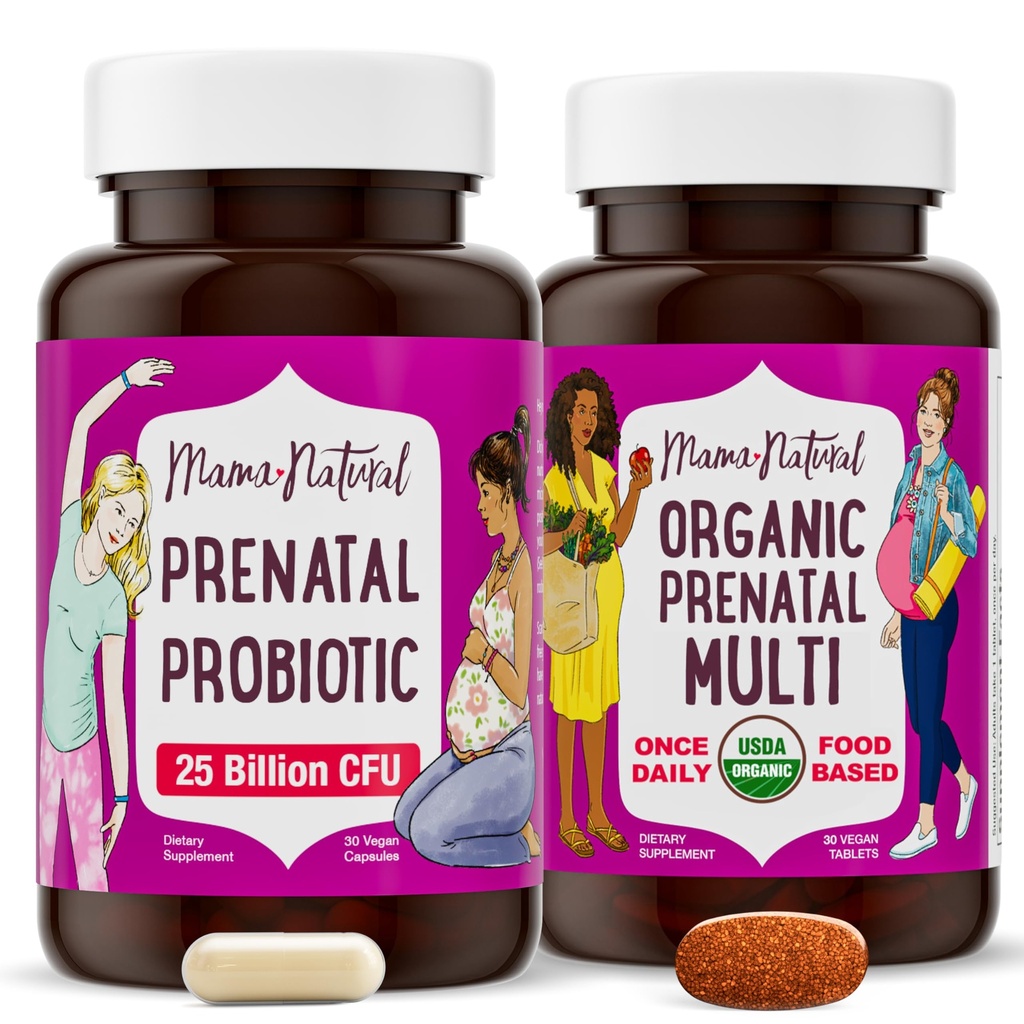 Mama Natural Prenatal Bundle - Vitamin prenatal organik untuk Perempuan + Targeted Progories for Pregnancy & Postpartum Wellness - Just 2 Pil per Day - Vegan & None-GMO (30 Hari Supppply)