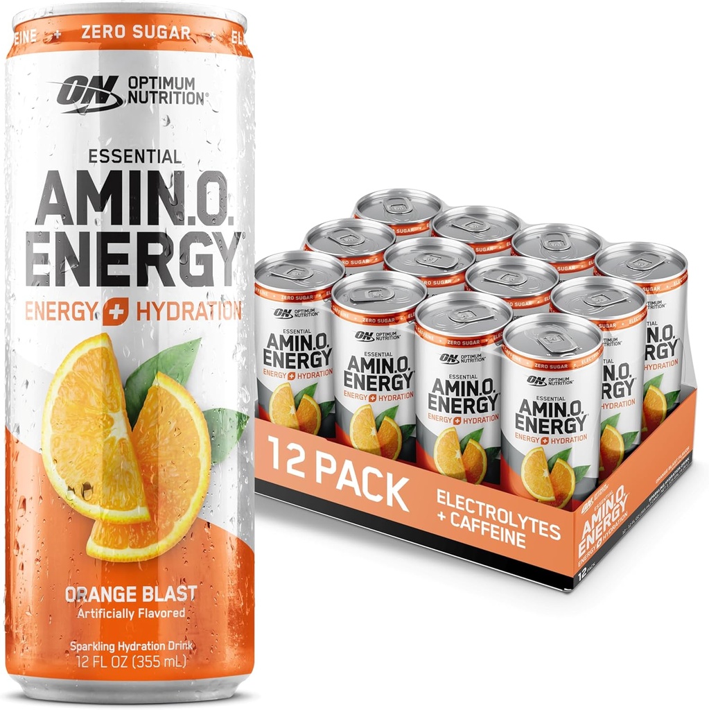 Optimum Nutrition Amino Energy Sparkling Hydration Drink, Electrolytes, Caffeine, Acids Acids, BCAAs, Sugar Free, Orange Blast, 12 Fl Oz, 12 (Packaging May Vary)