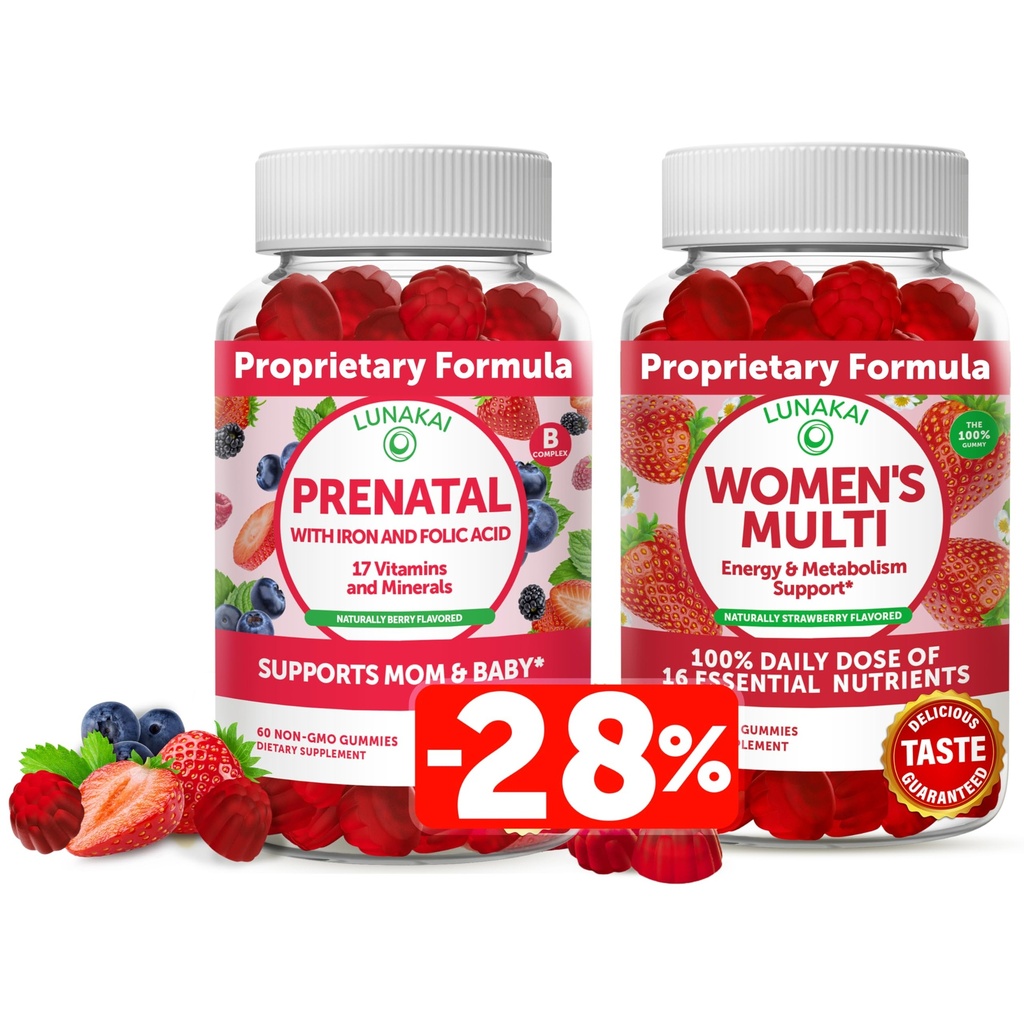 Lanakai Prenatal Vitamin and Women 's Multivitamin Gummies Bundle - Pregnancy Multivitamin Gummy with Iron & Folic Acid - with 100% Daily Value of 16 EscoverVitamin and Mineral - 30 Days Supppply