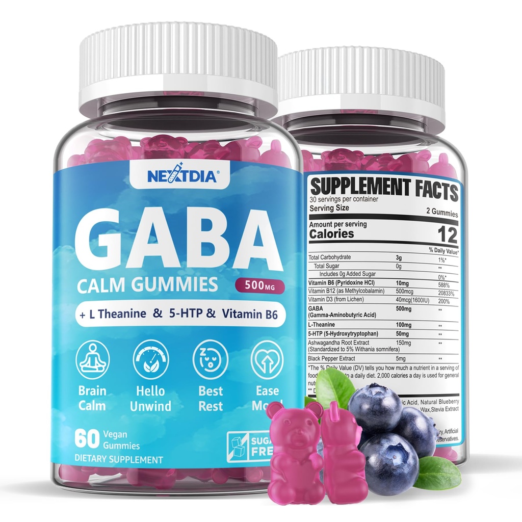 5HTP, Vitamin D3, B12, Ashwagandha, Melbarin- Bebas untuk CaIm Otak, Mood, Zzz Lebih Baik, GABA Suplemen untuk Pertumbuhan, Blueberry Flavor, 1Pack