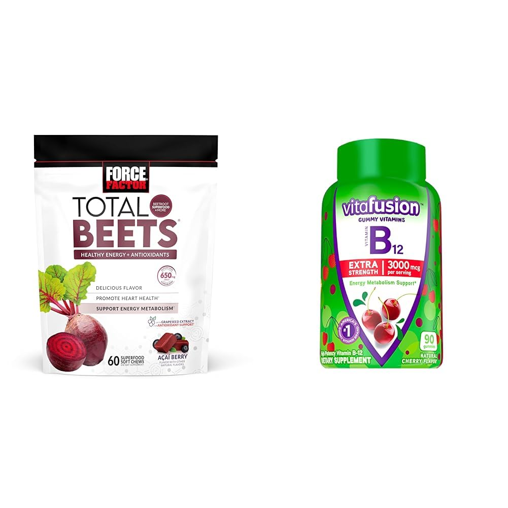 Force Factor Total Beets Chews with Beetroot & Grapseed Extract Plus Vitafution B12 Gummies, 90 Count Cherry Flavor