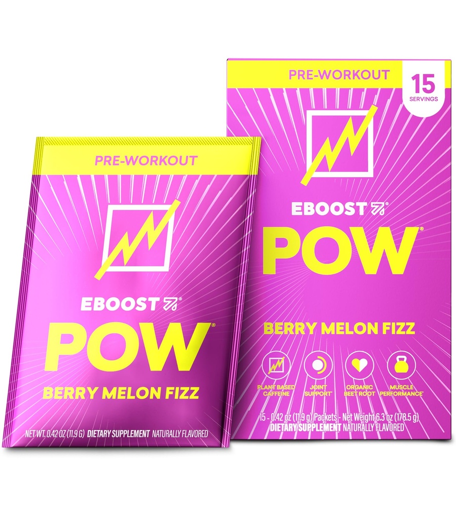 EBOOST POW Natural Pre Workout Powder - 15 Paket, Berry Melon Fizz - Pretraining Energy Booster Supplemen Minum Mix untuk Pria dan Wanita - Performance, Gabungan Mobilitas Dukungan - Gluten- Bebas