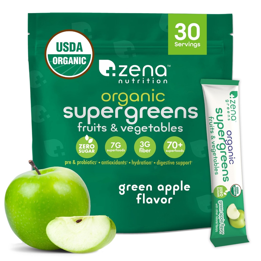 Zena Nutrition Organic Super Greens Powder, 70 + Superfood, 0 Sugar, 3G Fiber, Spirulina, Chlorella, Antioksidants, Preotic / Prograin, Digevical Enzymes, Green Apple, 30 Drum Paket