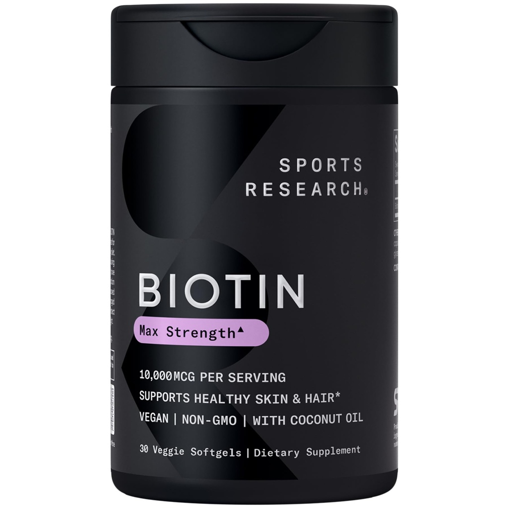 Penelitian Olahraga ® Biotin 10.000mcg dengan Minyak Organik Coconut - Biotin (Vitamin B7) untuk Dukungan Rambut dan Kulit Sehat * - untuk Perempuan dan Pria - Vegan, Non-GMO, Gluten & Soy- Free - 30 Veggie Softgels