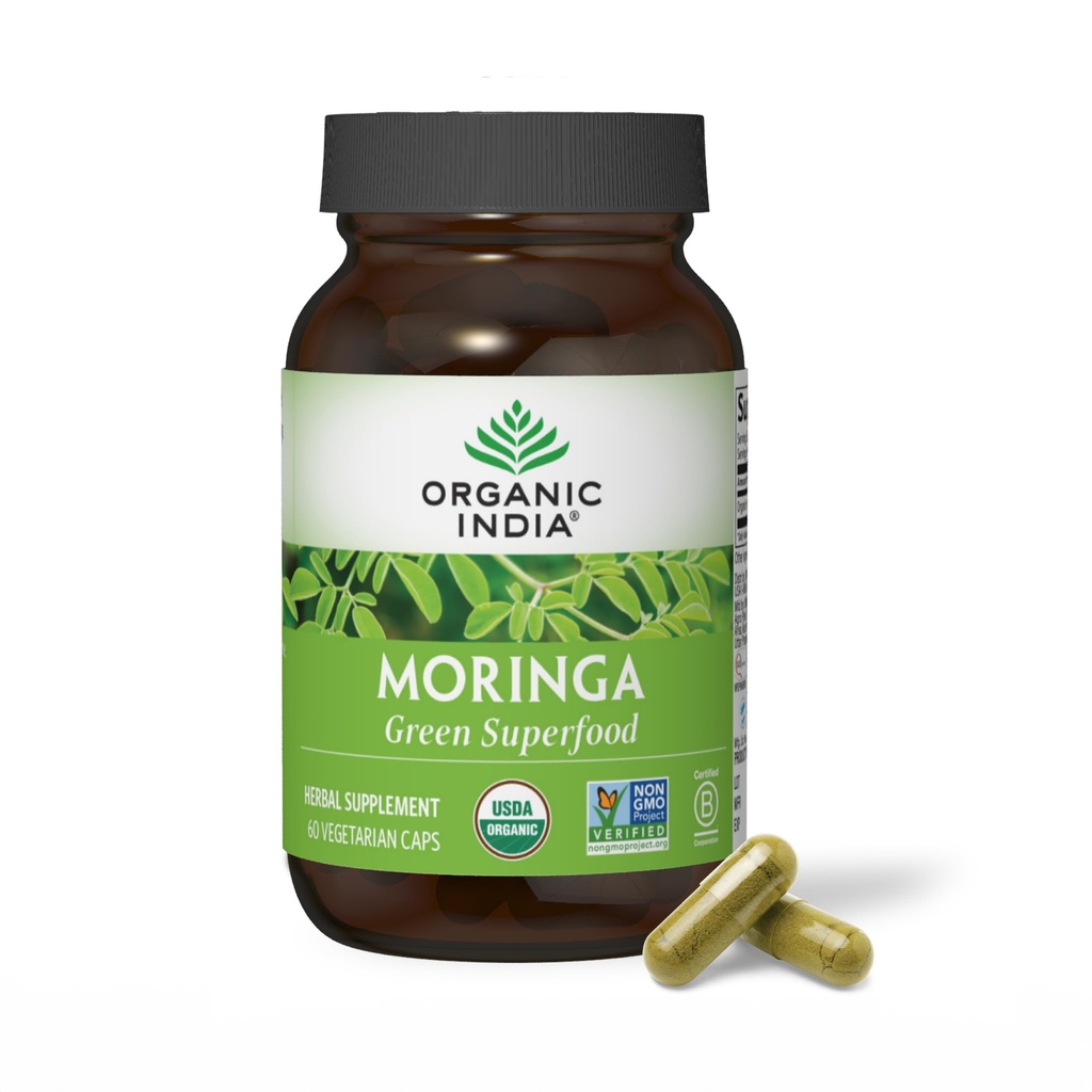 Organik INDIA Moringa Kapsules Organik - Moringa Suplemen - Green Superfood, Moringa Leaf Capsules, Murni Supergreen, Vegan Hijau, Nature 's Multivitamin, Vegan, Gluten- Free - 60 Kapsul