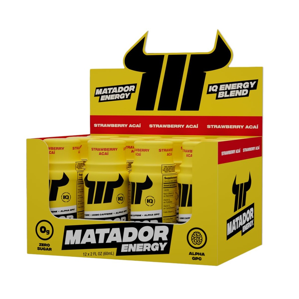 Tembakan energi MATADOR Ekstra Minuman Energi Mini w / B Kompleks Vitamin (Vitamin B12 B9-B6-B3), Alpha GPC Nootropic IQ Energy, Coffee Bean Extract Caffeine Shots, 24 Energi Minuman Strawberry Acai