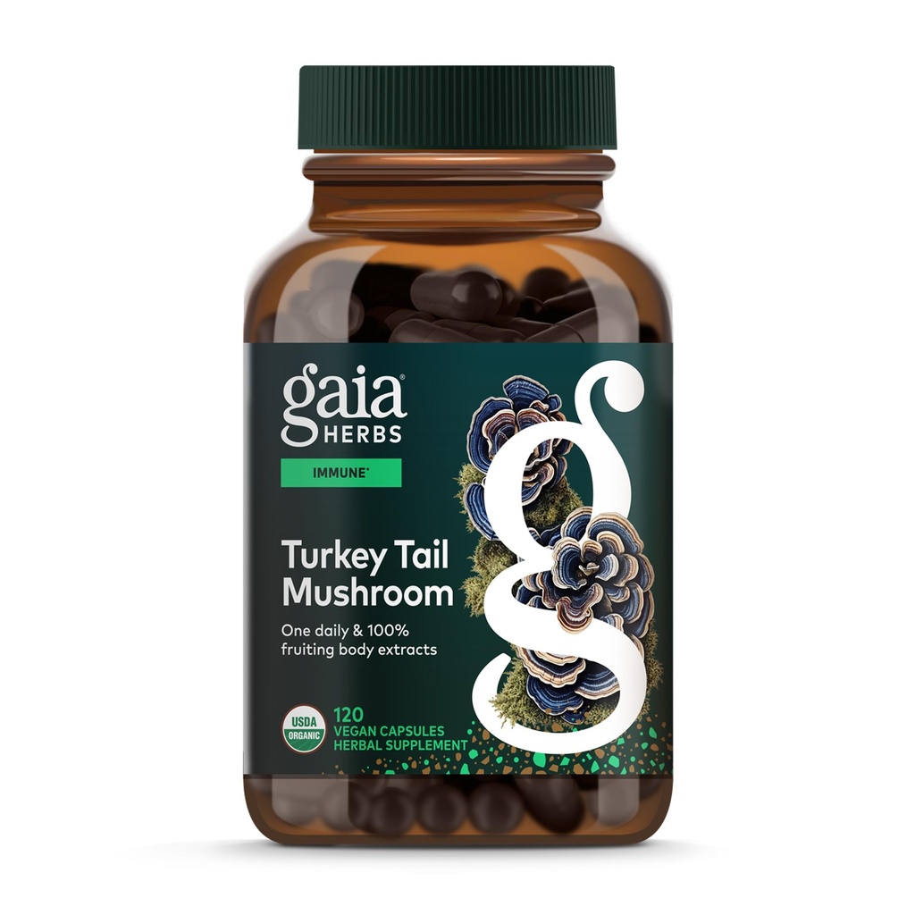 Gaia Herbs Turkey Tail Mushroom - Suplemen Dukungan Imune untuk Membantu Mempertahankan Kesehatan Hati - dengan Tail Mulhroom Turki Organik Ekstrak Tubuh - 120 Vegan Kasules