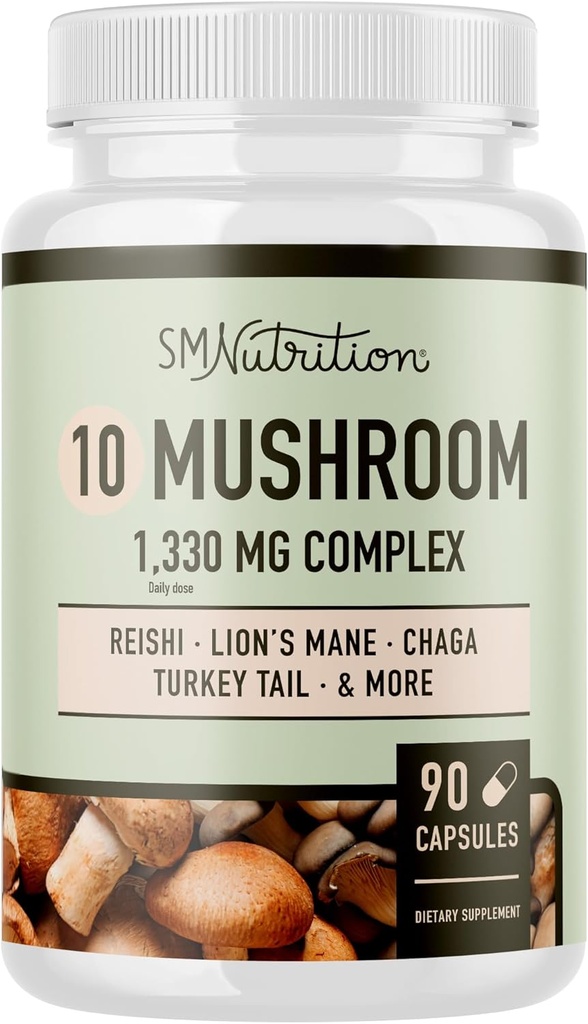 10 Mushroom Complex Suplement (Supplemen Kompleks Jamur): 1300 + MG Blend with Lions Mane, Turkey Tail, Reishi, Shiitake, Maitake, Chaga & White Button Mushroom 124; Imune & Adaptogen Dukungan 124C