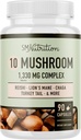 10 Mushroom Complex Suplement (Supplemen Kompleks Jamur): 1300 + MG Blend with Lions Mane, Turkey Tail, Reishi, Shiitake, Maitake, Chaga & White Button Mushroom 124; Imune & Adaptogen Dukungan 124C