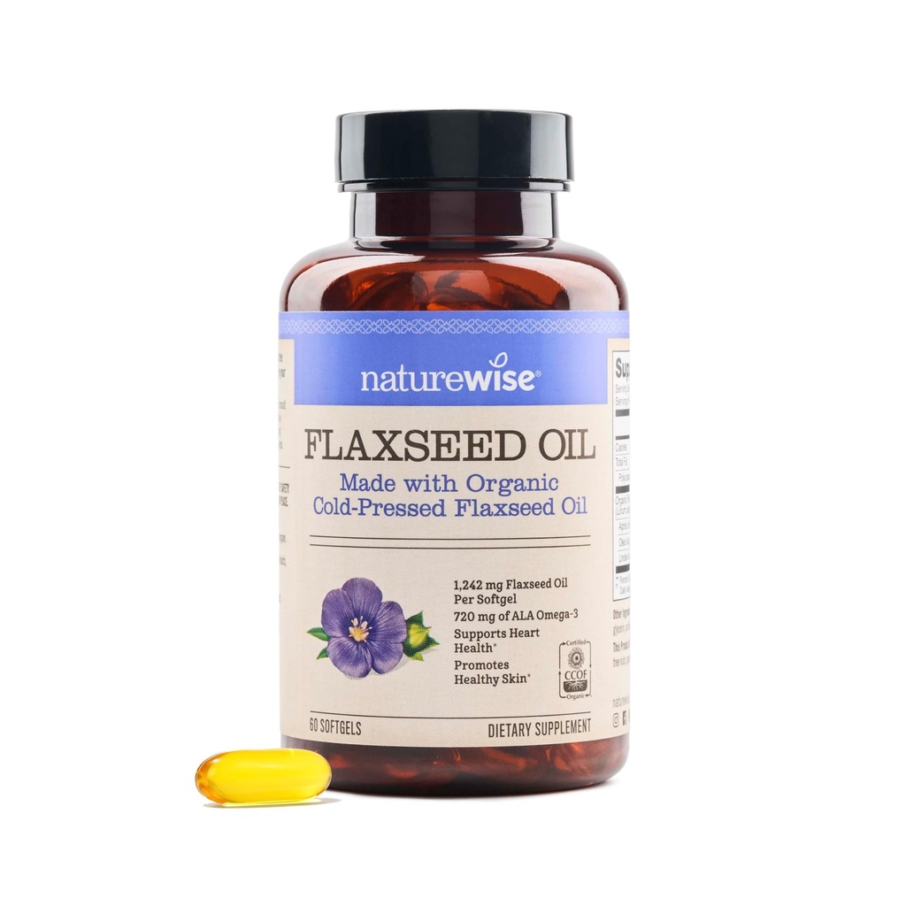 Naturrewise Flaxseed Oil 1200 mg, Fish Free Omega 3 6 9 with 720mg ALA, Dietary Support for Heart Health - Organic, Cold Pressed, Non-GMO - 60 Softgels [2-Month Suppply]