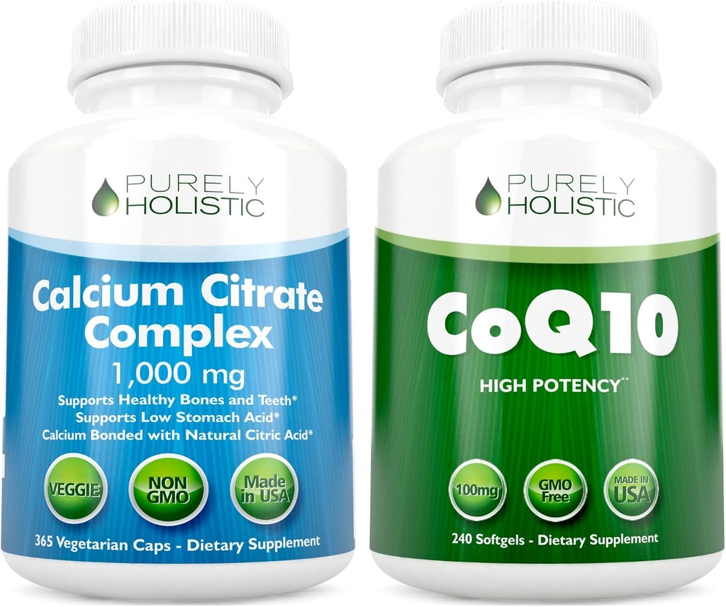 Kalsium Citrate Complex 1000mg + CoQ10 100mg - 365 Vegan Capsules + 240 Softgels Bundle - Tanpa Vitamin D - Made in USA