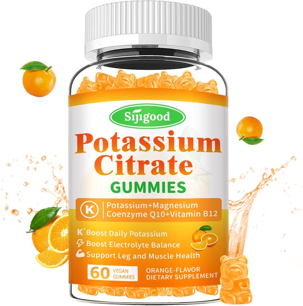 Potasium Citrate Gummies - Tambahan Potency Potasium Tinggi untuk Kesehatan Otot, Kekurangan Kram Kaki, Keseimbangan Elektrolit - Vegan, Non-GMO, Gluten- Bebas, Orange Flavor, 60 Count