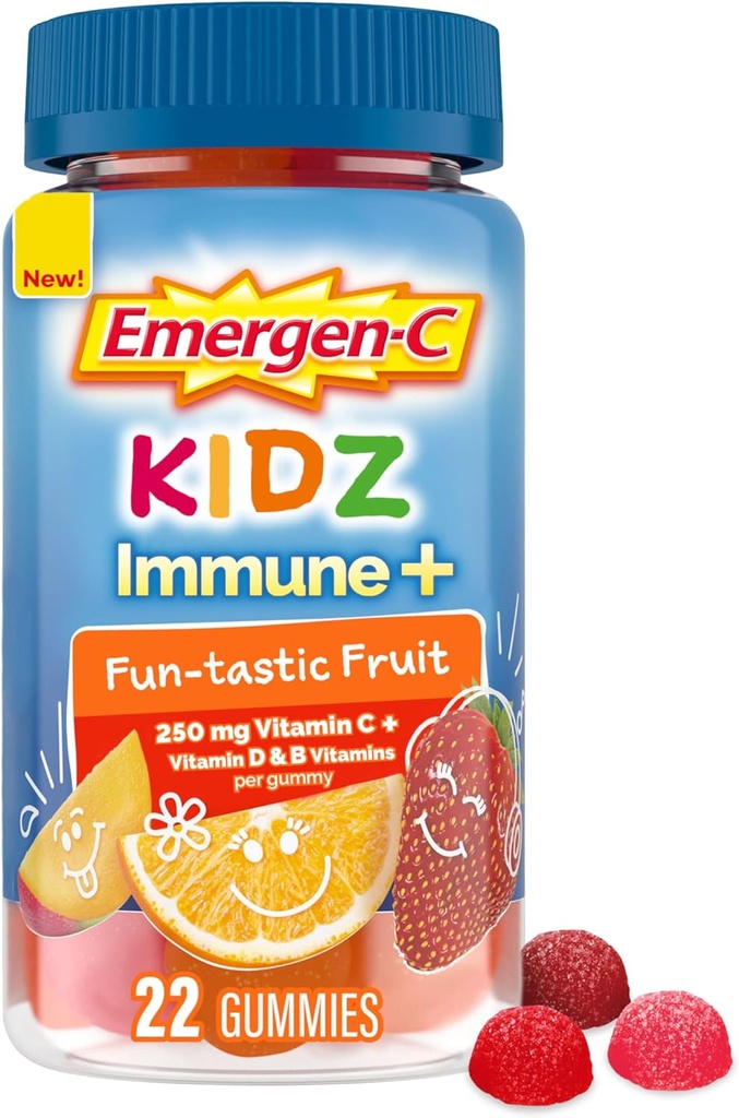 Emergen- C Kidz Imune + Imune Dukungan Dieter, Gummies Flavarted dengan Vitamin C, B Vitamin dan Vitamin D untuk Dukungan Imune, Fun- Tastic Fruit Flamin Gummies - 22 Count