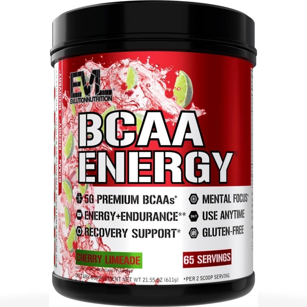 Evlution EVL BCAAs Amino Acids Powder - BCAA Energy Pre Workout Powder for Muscle Recovery Lean Growth and Endurance - Redrating Post Workout Recovery Drine with Natural Caffeine - Cherry Limeade