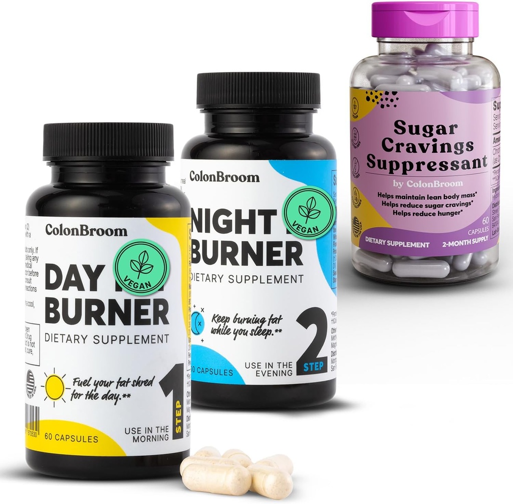 ColonBroom Day & Night Burner Suplemen, Wight Management Pills (60 Servings) + Sugar Craving Supresan - Chromium Picolinate 200mcg (60 Servis), 3 Item