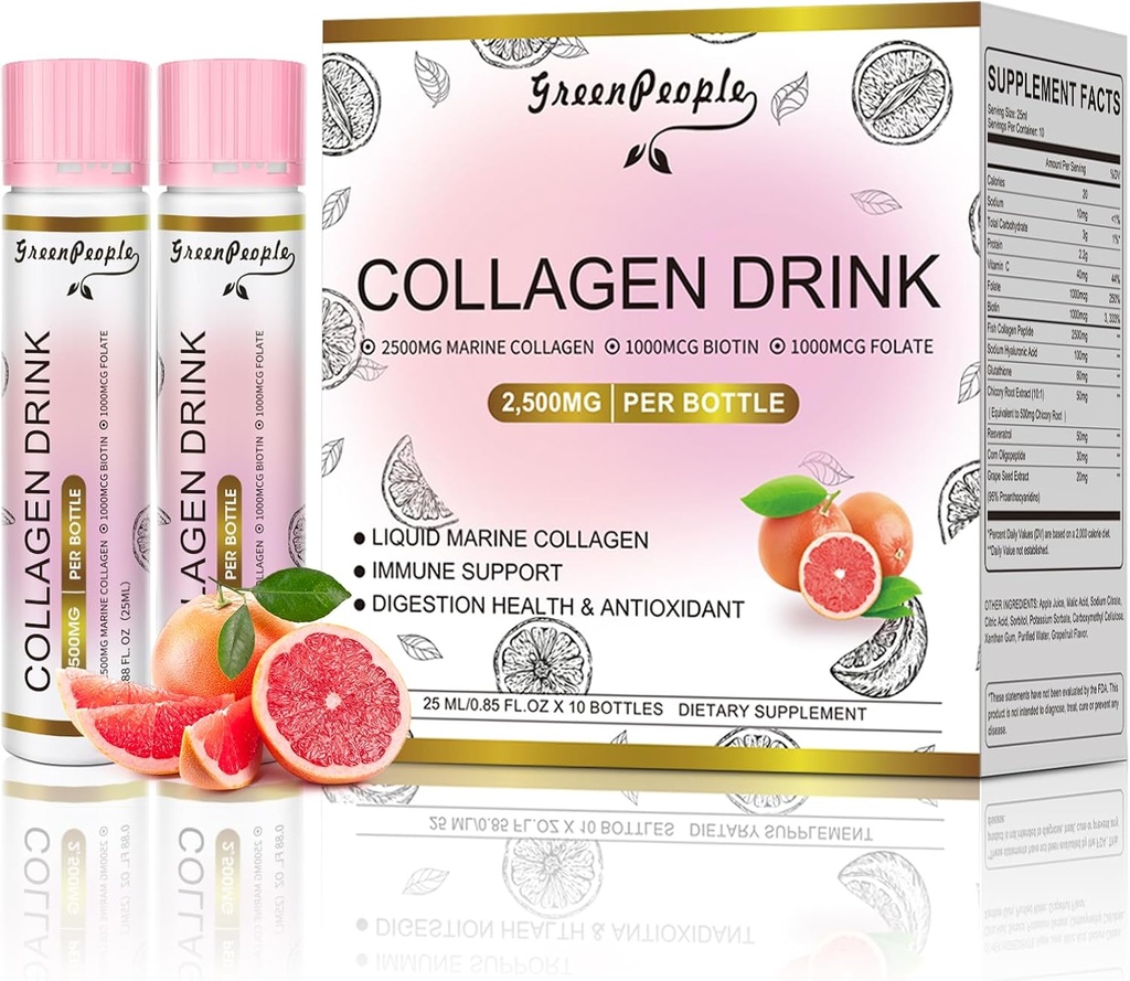 Collagen Liquid Greenpeople for Women & Men, 2500mg Fish Collagen Peptides + Hyaluronic Acid + Vitamin Bs & C, Hair Skin Nails Joints Bones support (0.85 lf oz, 10 Botol, Grapefruit)