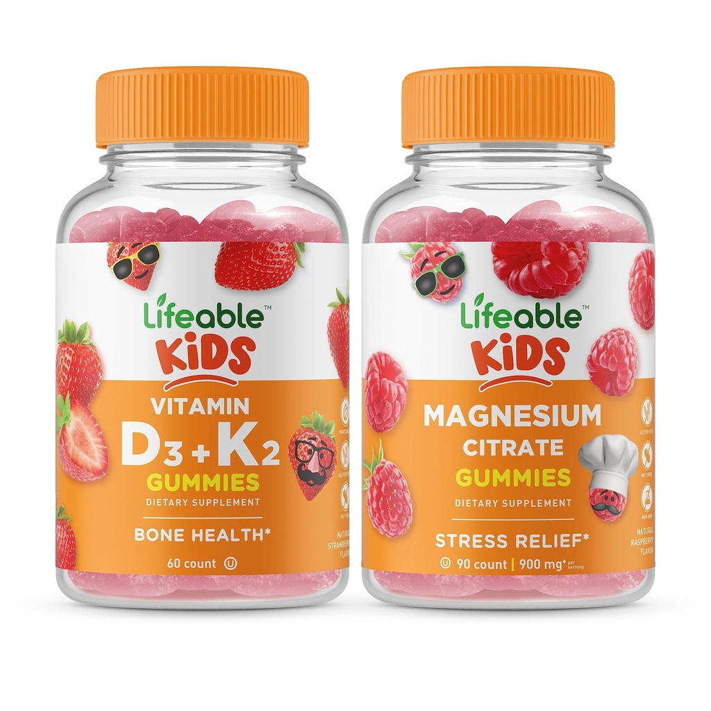 Lifeable Vitamin D3 + Vitamin K2 Kids + Magnesium Kids, Gummies Bundle