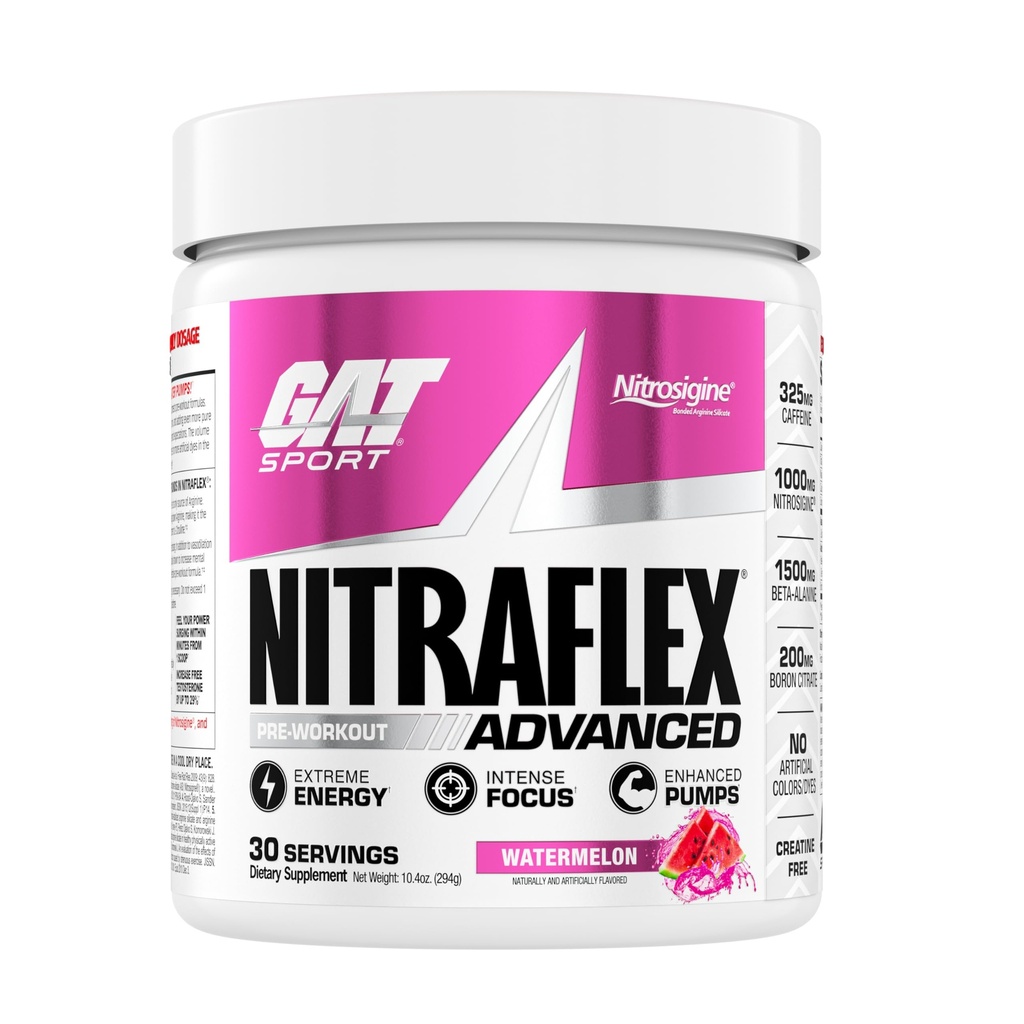 GAT SPORT Nitraflex Advanced Prework Powder, Increases Blood Flow, Boosts Strength and Energy, Imporcises Performance, Creatine- Free (Watermelon, 30 Servings)