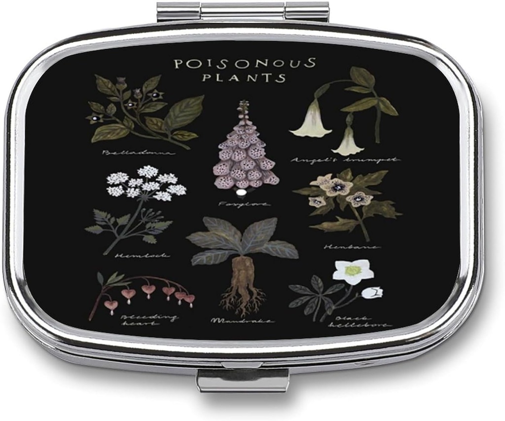 Logam 2 Kompartemen Pill Organizer Travel Friendable Portable Compact Pill Box Cute Pill Case to Hold Vitamin, Fish Oil, Suplemen, Meds, Tablet for Purse, Pocket. (Tanaman beracun)