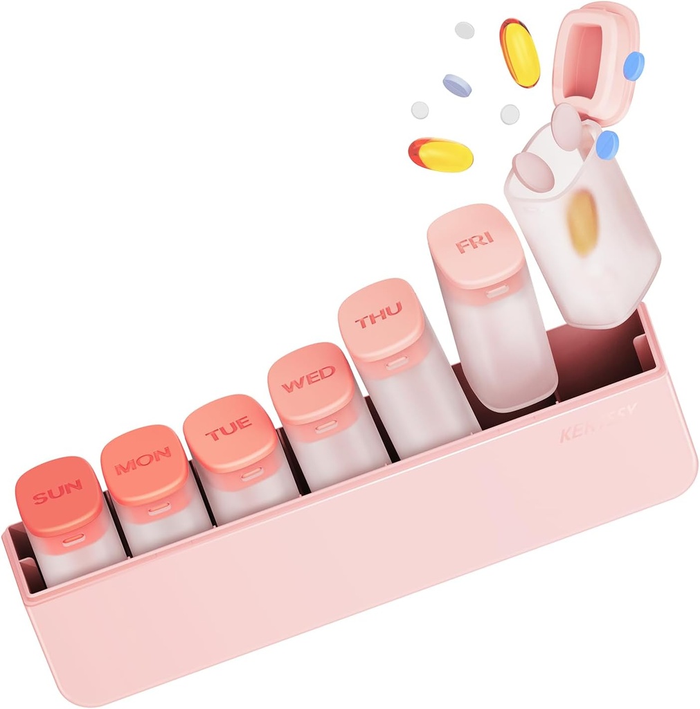 Weekly Pill Organizer 1 Time A Day - Travel Pill Box 7 Days, Large Medicine Case Container for Daily Medication Medication Suplemen Fish Oil, Portable Week Pills Organizers Holder Dispenser, Pink