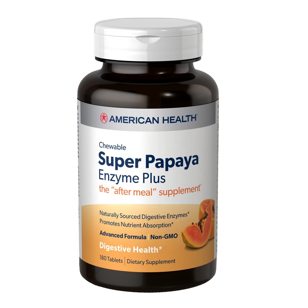 American Health Super Papaya Enzyme Plus - 180 Chewable Tablet - The After-Meal Supplement - Non-GMO - 60 Servis