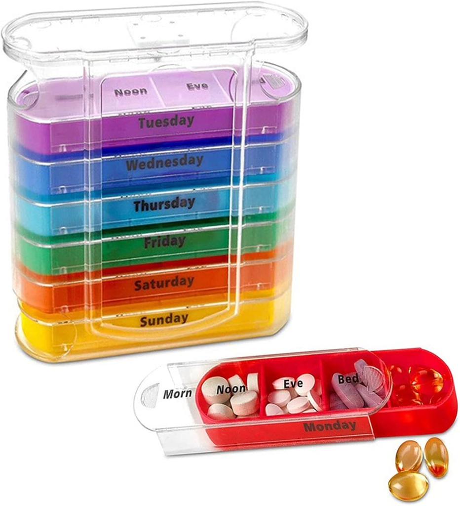 ABSOK Weekly Stackable Pill Organizer, 4 Kali Seharian Kotak Penyelenggara Pill Pagi, Siang, Malam, dan Waktu tidur, 7 Kompartemen Stackable